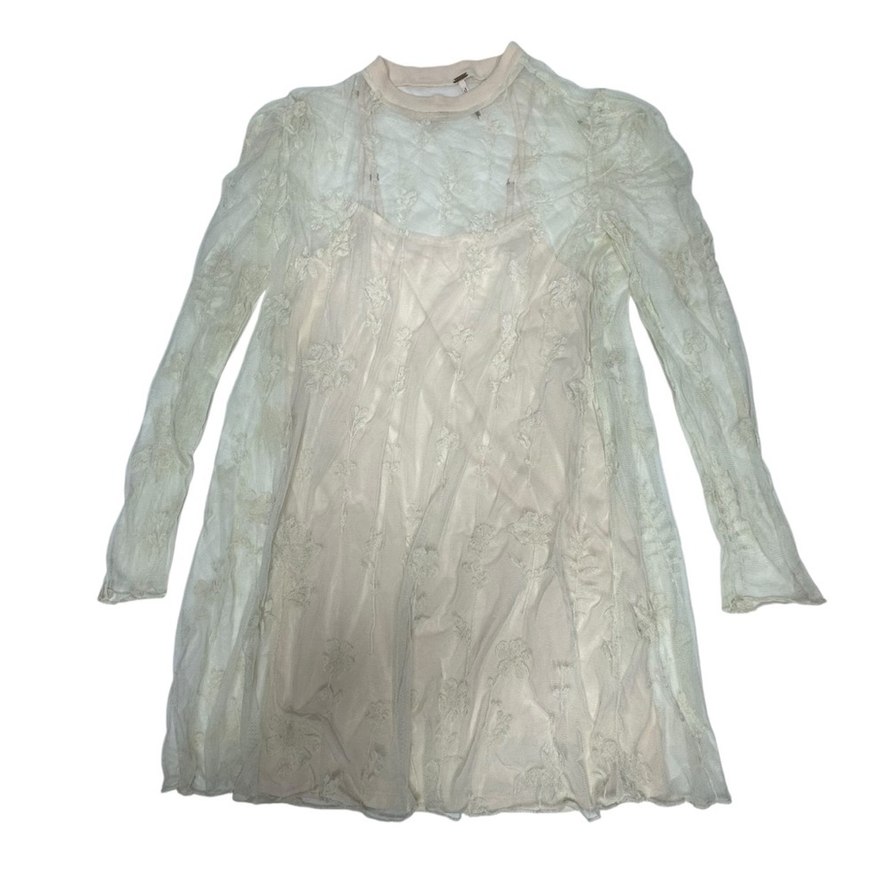 Free People Cecelia Sheer Lace Mini Dress pale pink/ ivory small - Picture 6 of 13